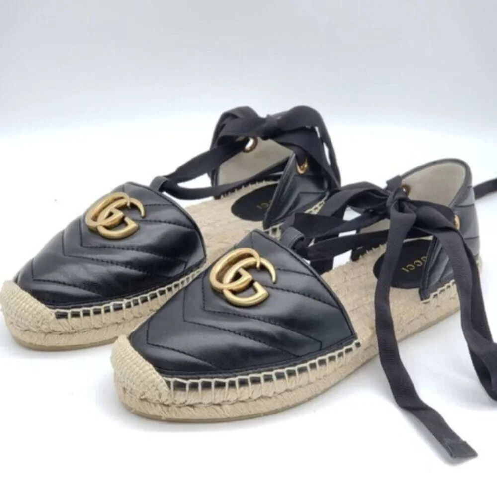 Authentic Gucci GG Marmont Espadrille Sandals Black Leather Gold Logo Brand New